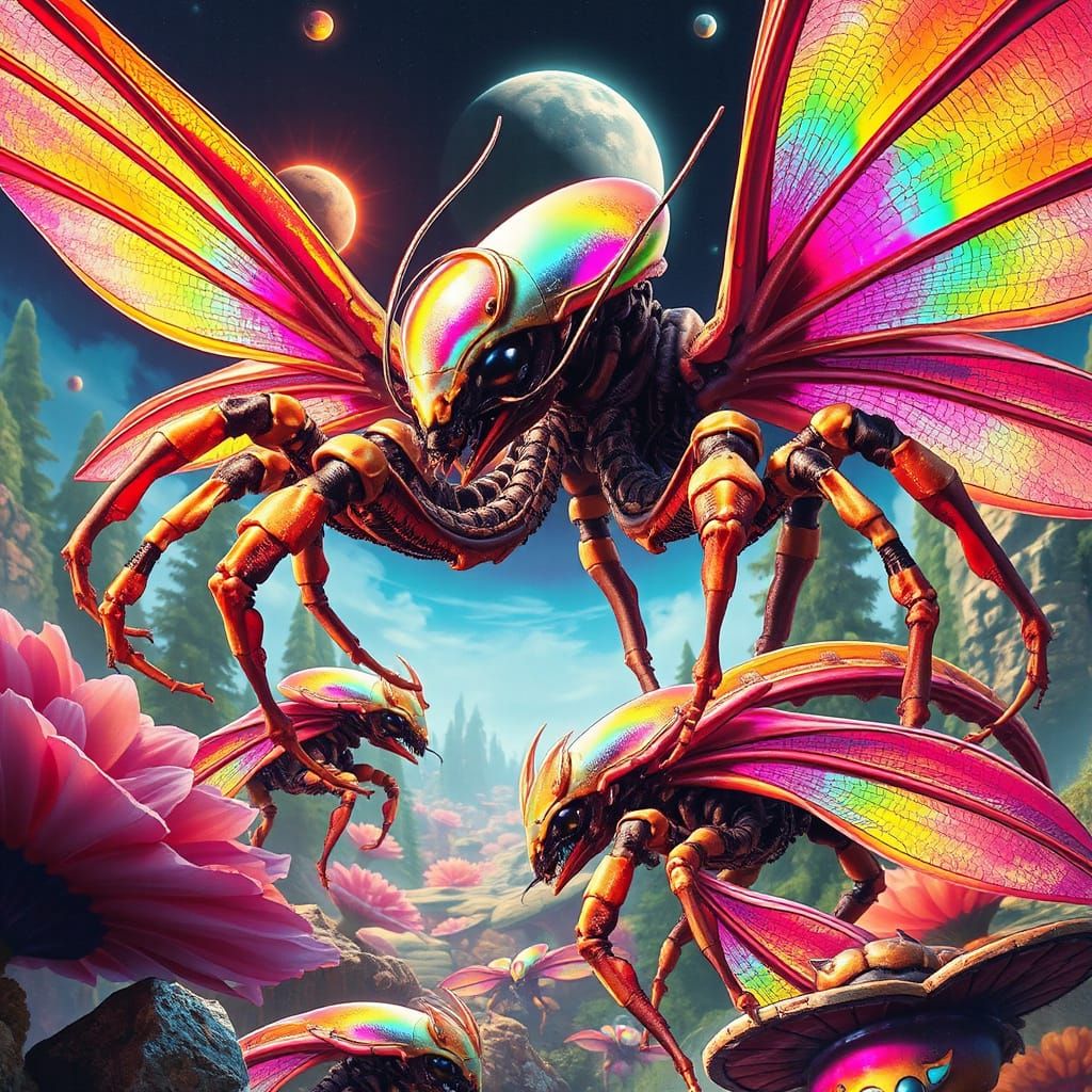 Otherworldly Alien Exoplanet with Iridescent, Armored Creatu...