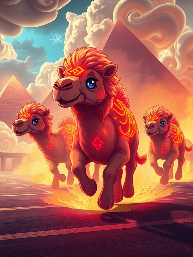 Anime Camels Run in a Surreal Desert Landscape