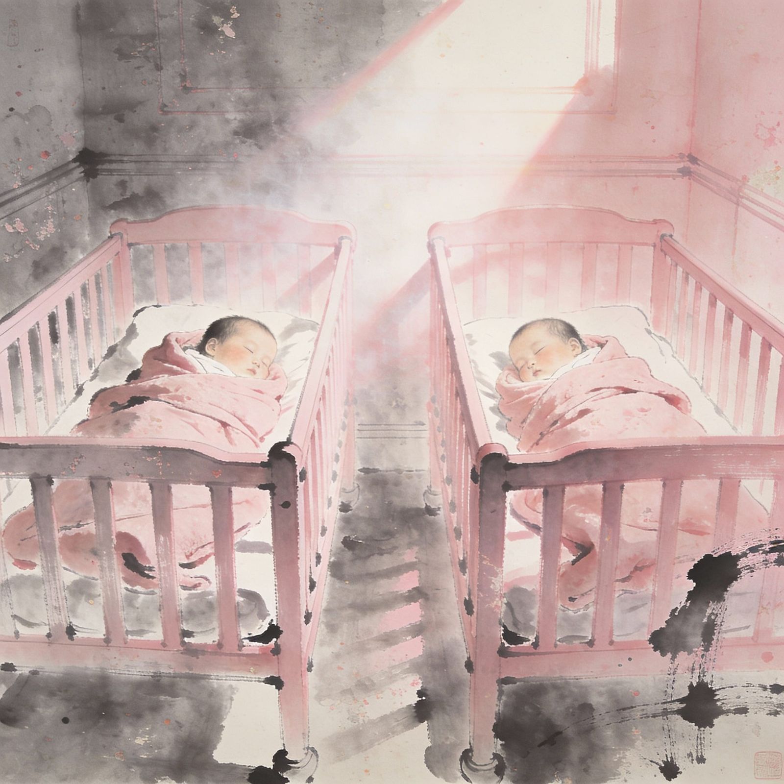 Two Babies Sleeping in Pink Room: Retro Futurism