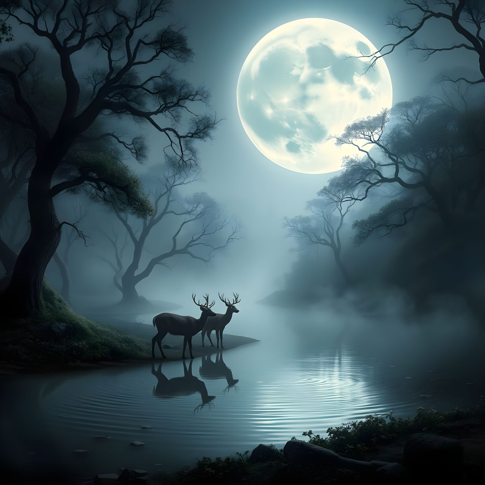 Dreamlike Encounter Under an Oversized Moonlit Moon