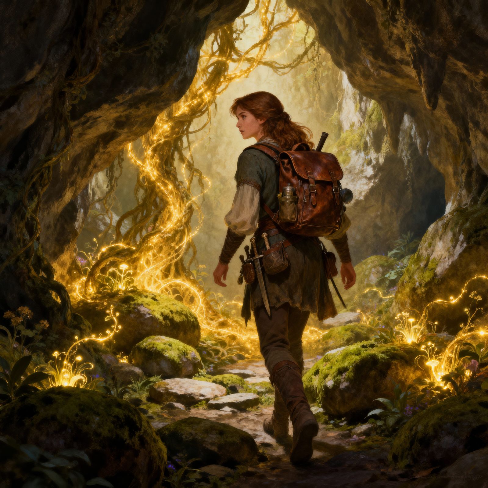 Wizard Explores Magical Cave with Glowing Flora