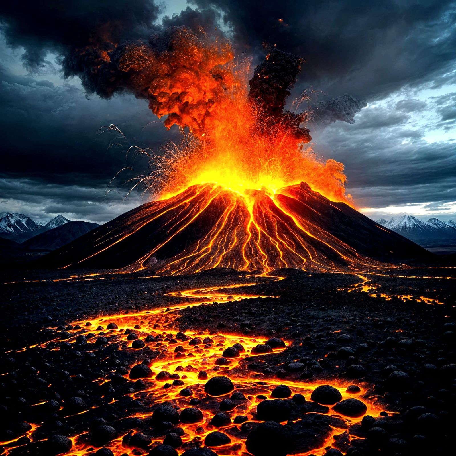 Vibrant Volcanic Eruption in a Stormy Sky