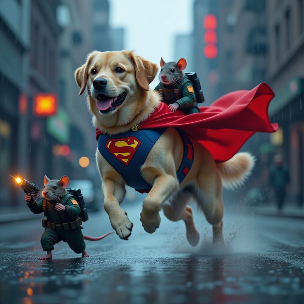 Labrador Superhero and Rat Soldier in Dystopian City