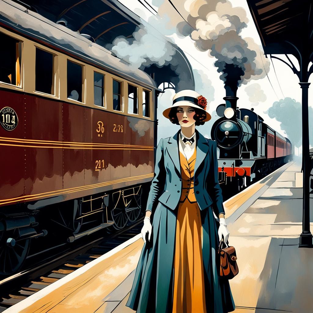 1920s girl waiting for the steam train on the platform.