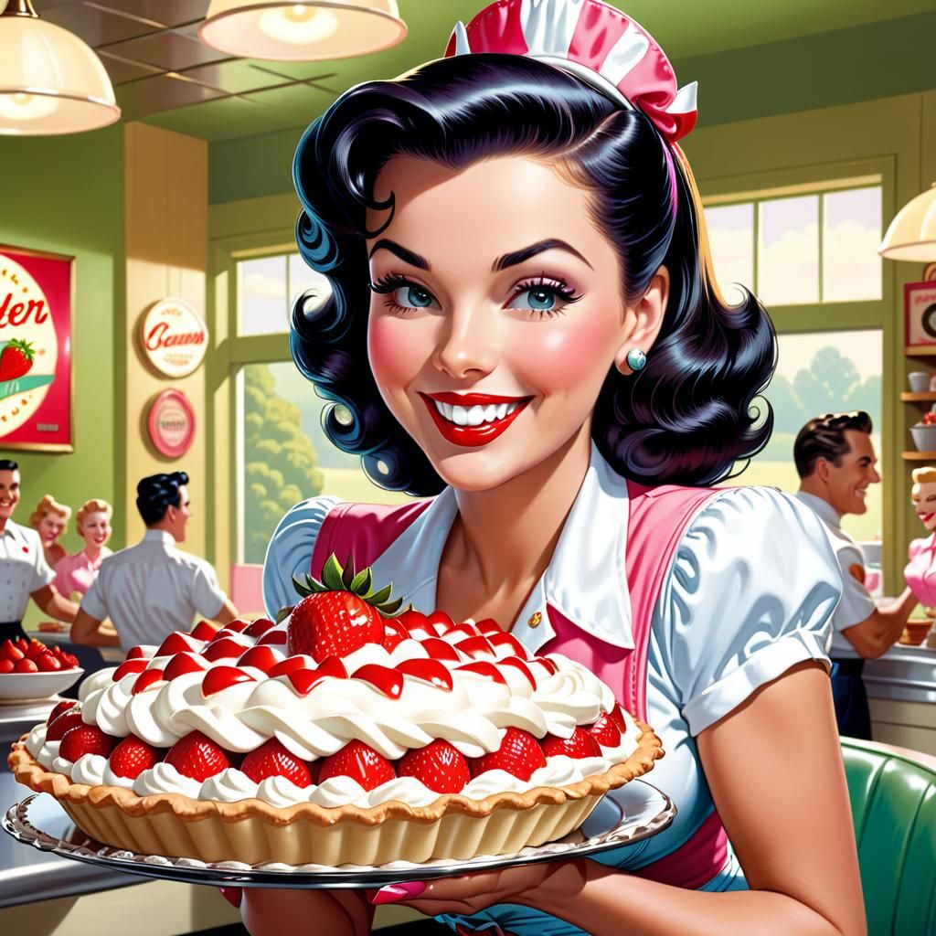 Retro Pinup Waitress with Strawberry Pie in Comic Style