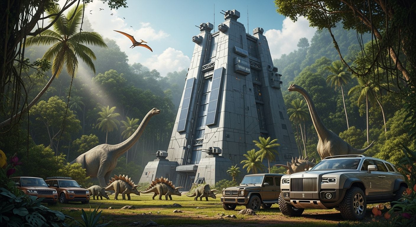Futuristic Jungle Bunker with Dinosaurs and Luxury Vehicles