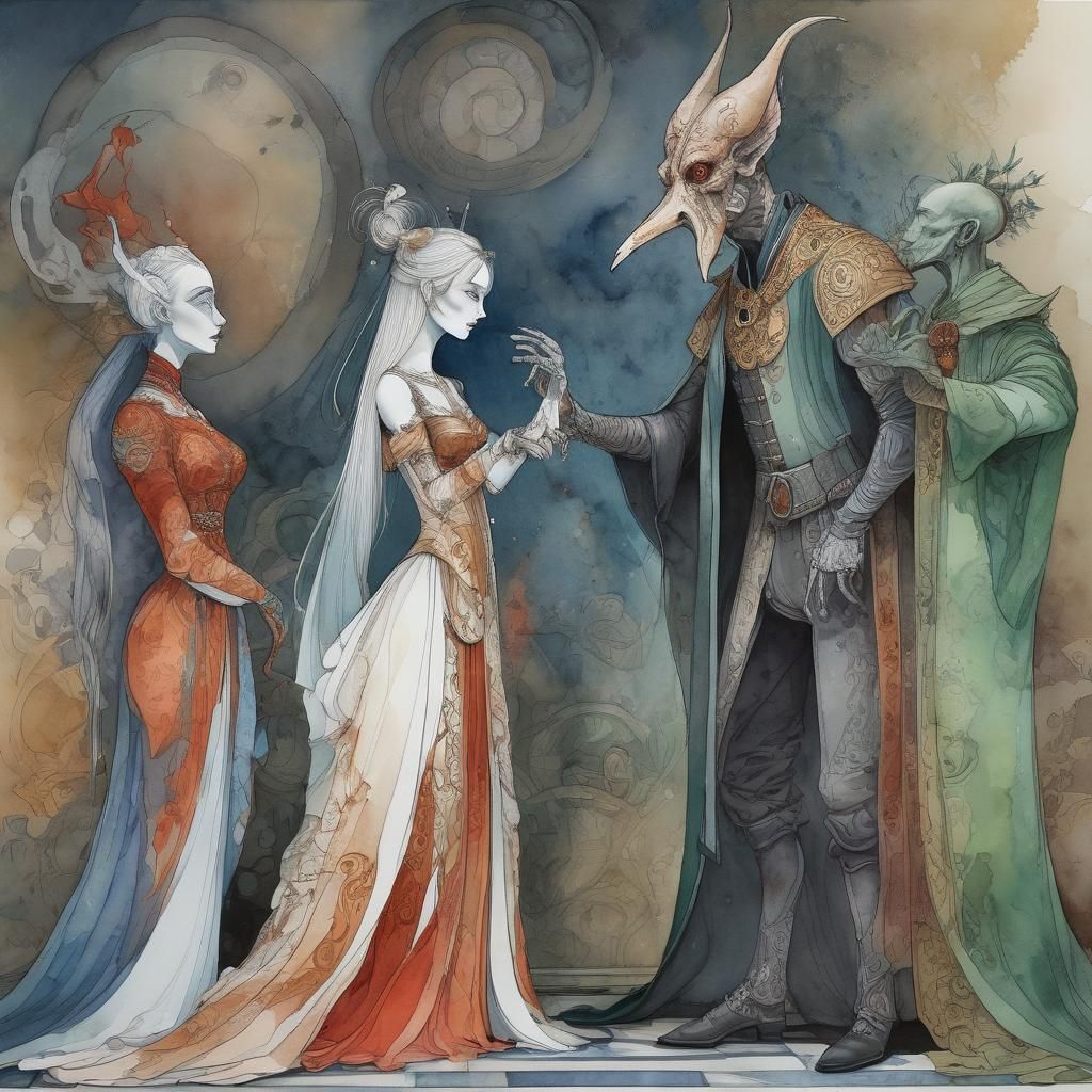 Aristocrat's Kiss: Surreal Scene in Moebius Style