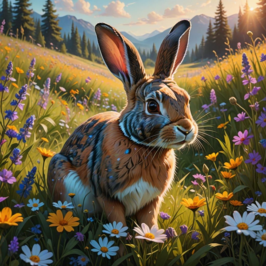 Playful Bunnies in Wildflower Field at Golden Hour