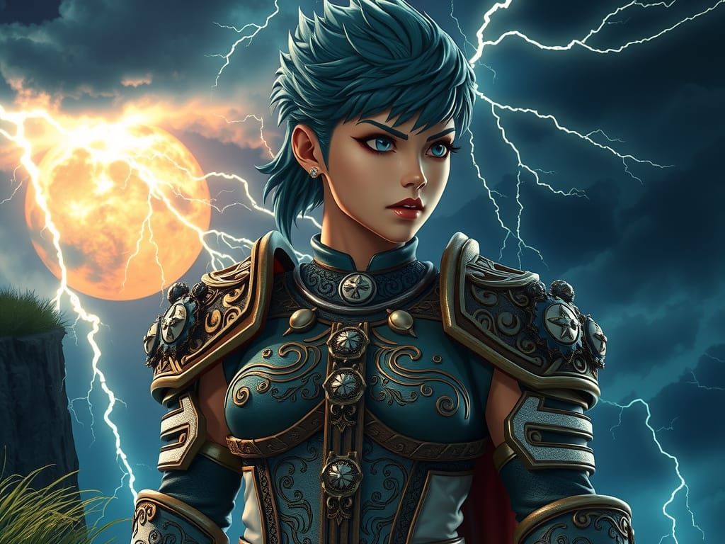 Ethereal Warrior Maiden in Cyberpunk-Inspired Armor