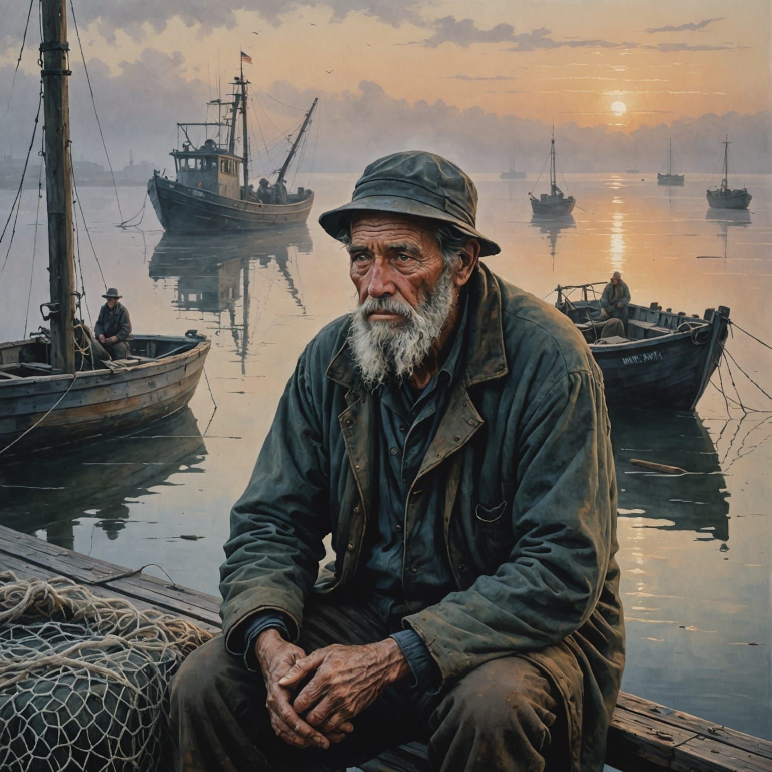 Weathered Fisherman Mending Nets on Foggy Pier at Sunrise
