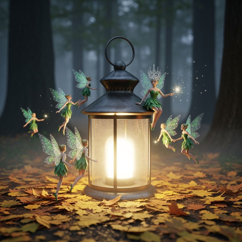 Mystical Lantern Scene with Fairies in Forest