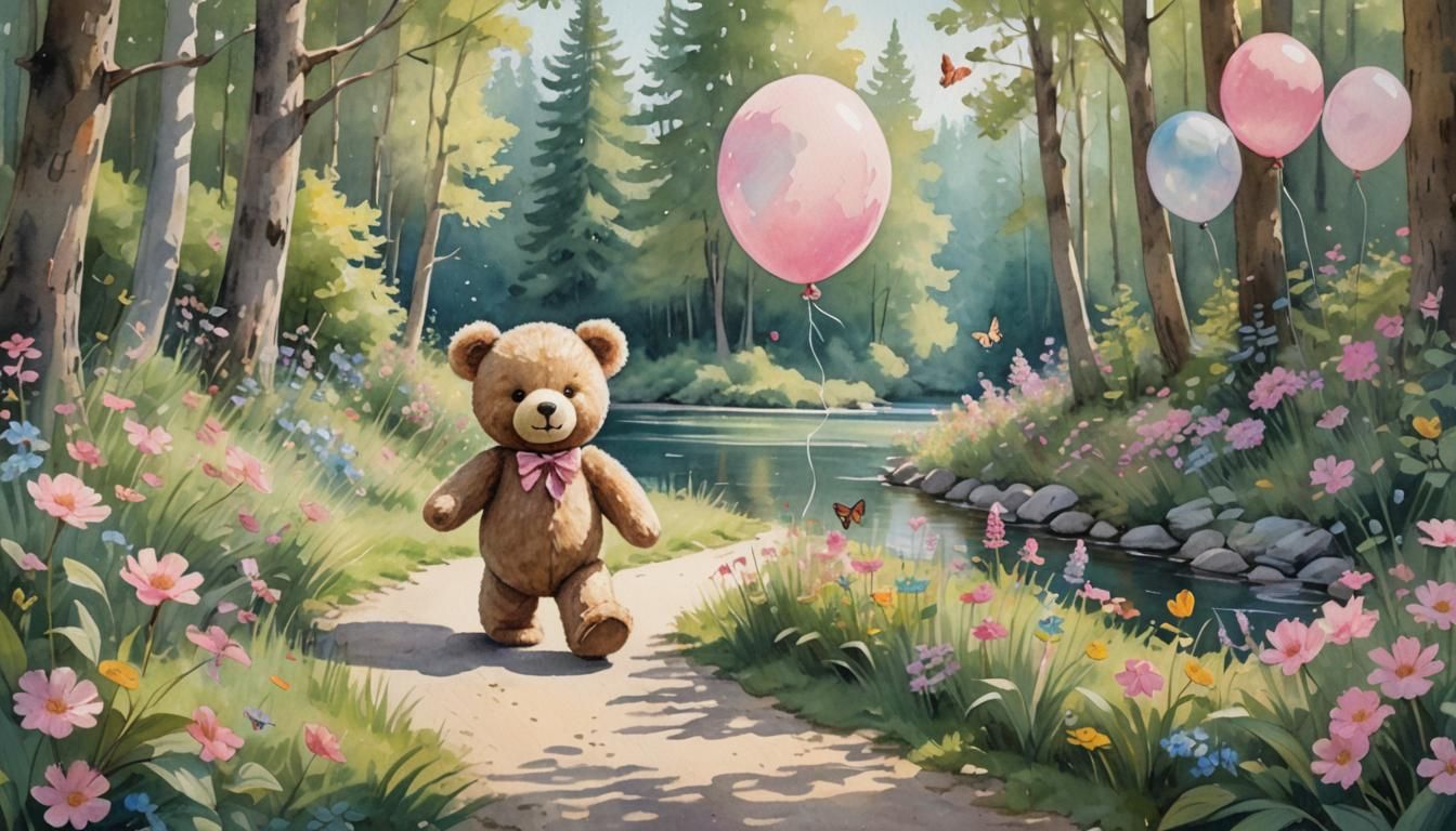 Teddy Bear's Impressionist Walk in Summer Forest