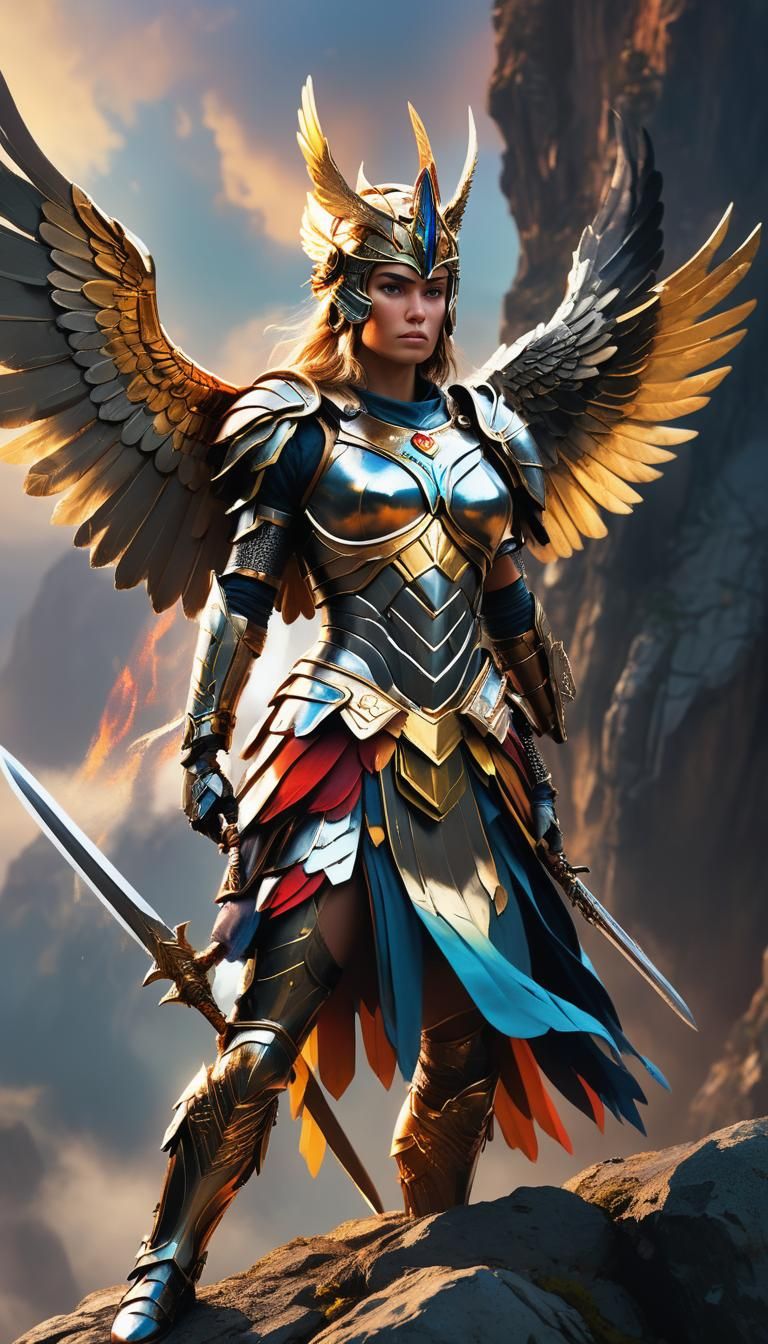 Valkyrie in Armor on Cliff, Colorful Fantasy Art