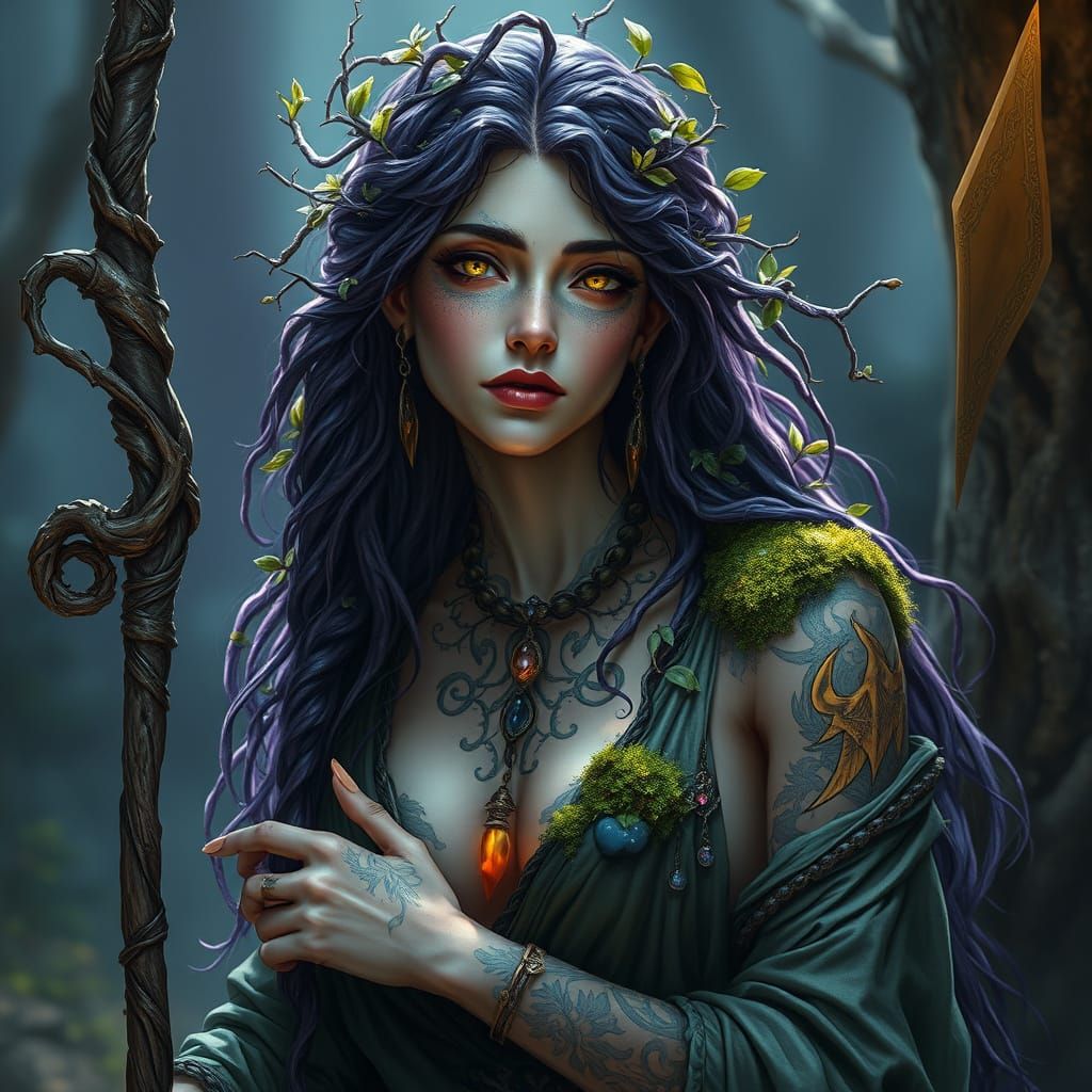 Ethereal Earth Genasi Druid in Sage Robes with Moss-Grown Sk...