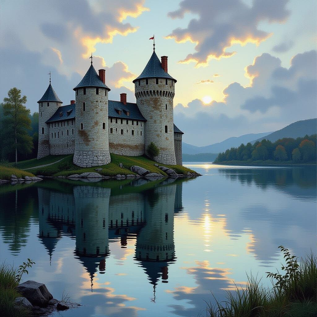Mystical Medieval Castle Reflecting in Lake