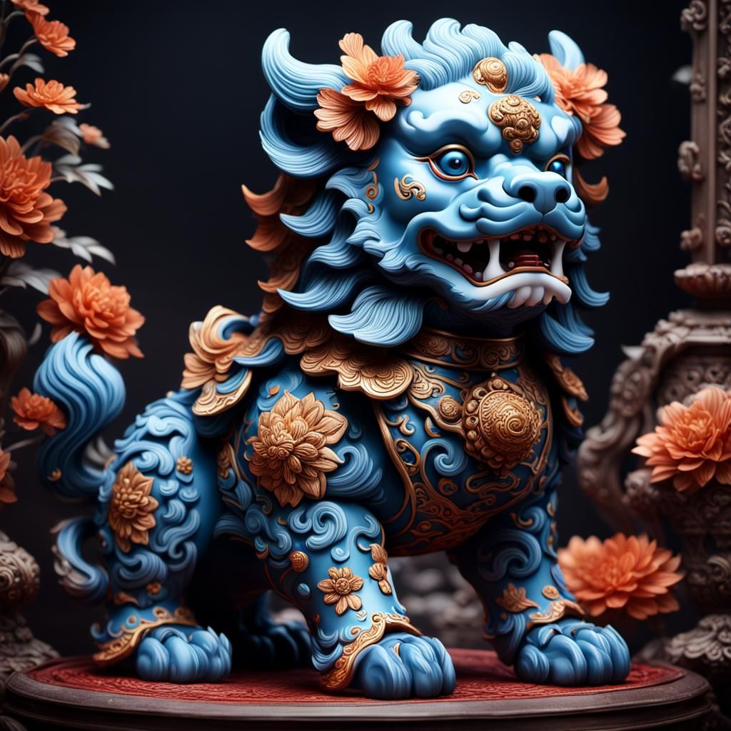 Detailed Porcelain Foo Dog Doll Painting