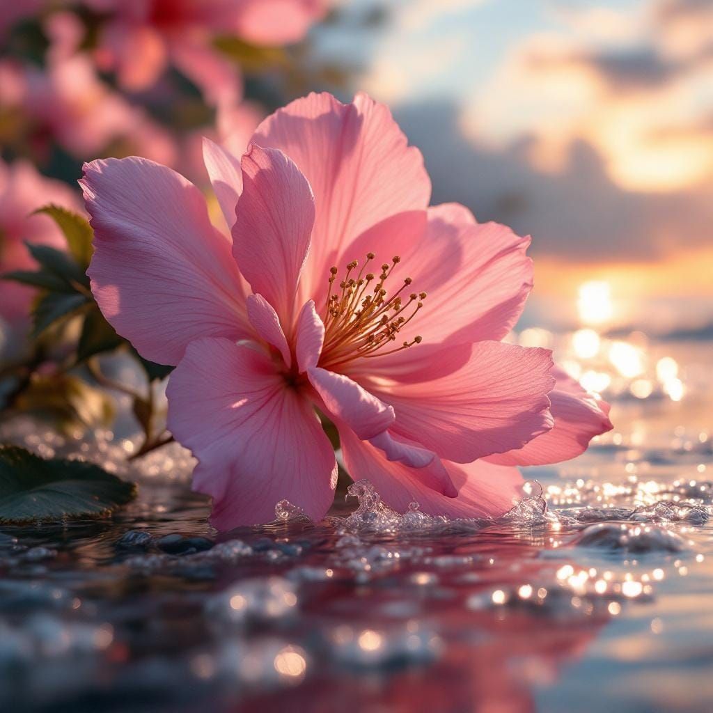 Pink Hibiscus Flower Washed Ashore at Sunrise