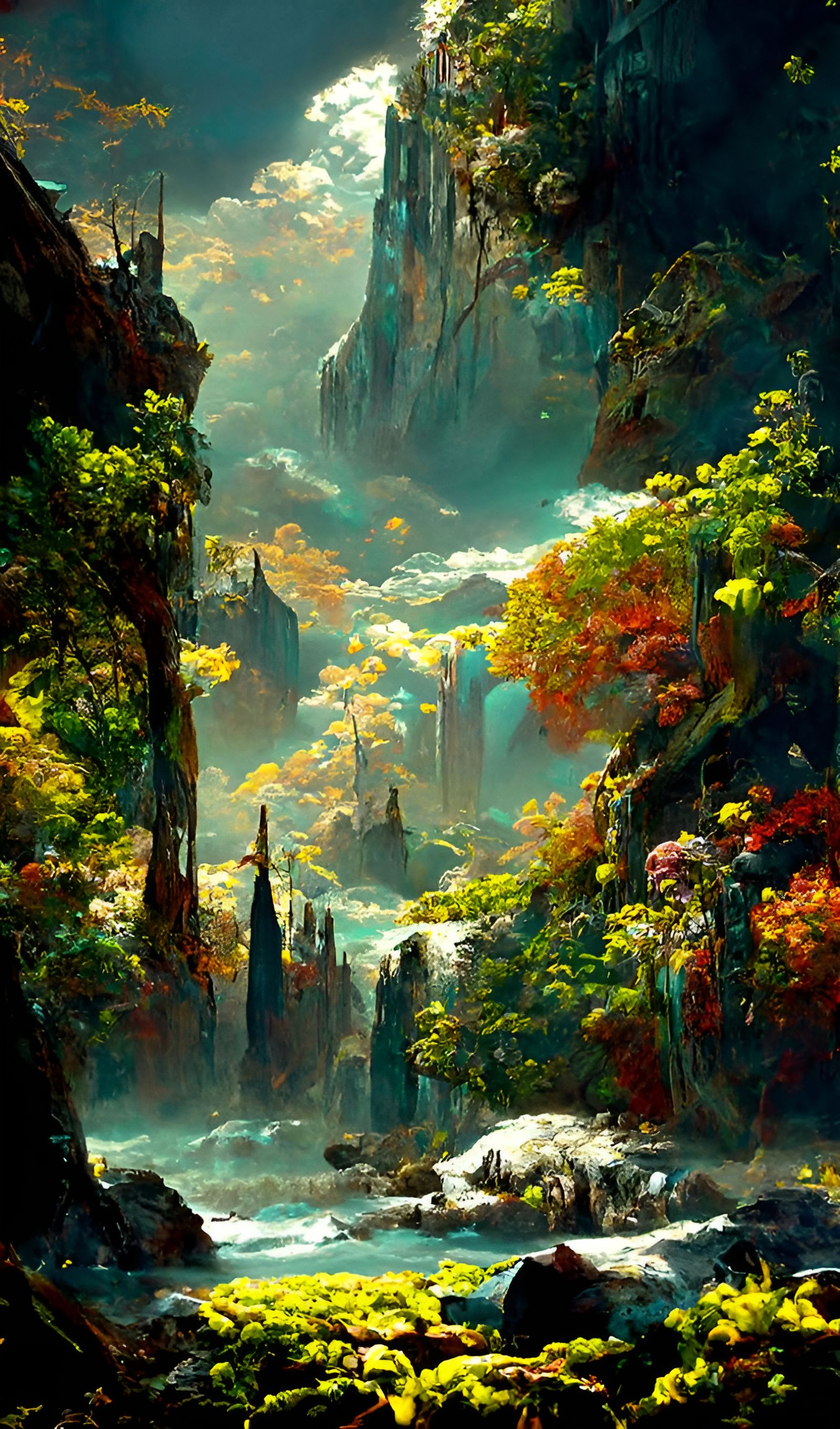 Hyperrealistic Overgrown Nature Scene with Tranquil River