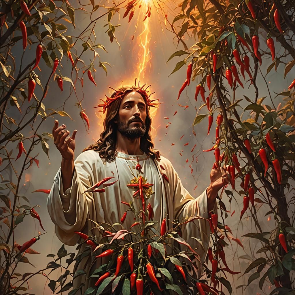 Jesus Surrounded by Glowing Chillies in Surreal Art