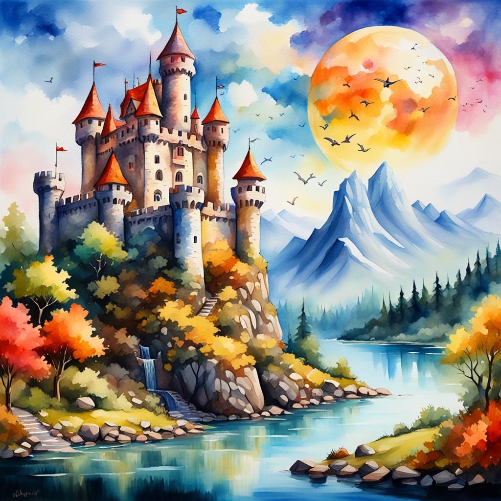 Surreal Castle Landscape with Time-Controlling Fairies