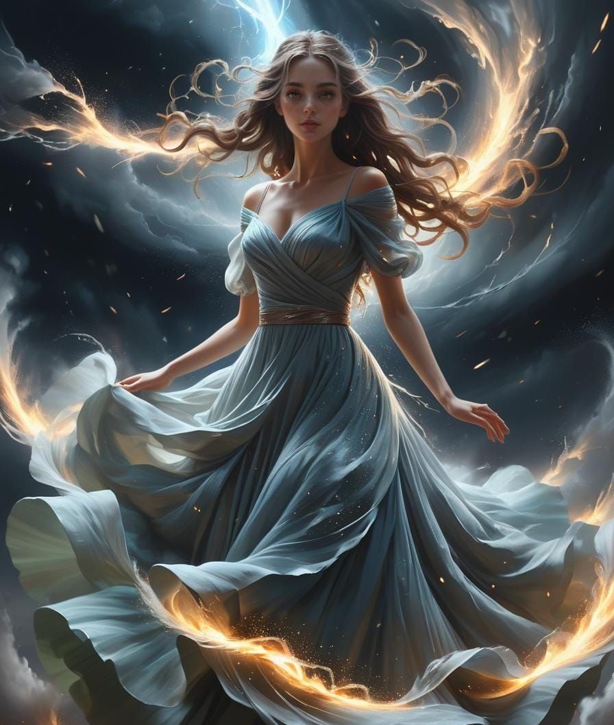 Girl in Tornado: A Detailed Oil Painting