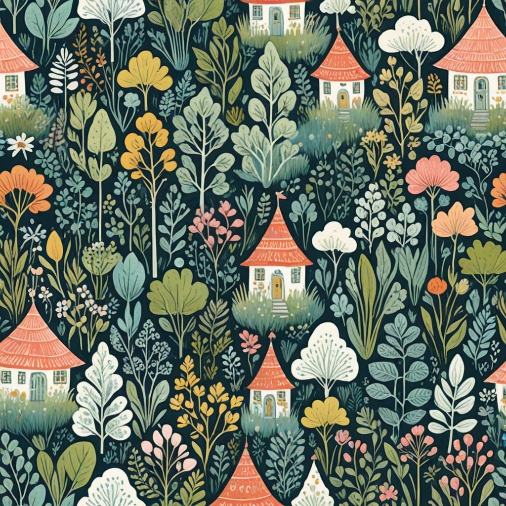 Whimsical Tropical Mountain Landscape in Risograph Style