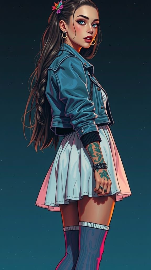 Athletic Woman with Traditional Tattoo Art in Psychedelic Co...