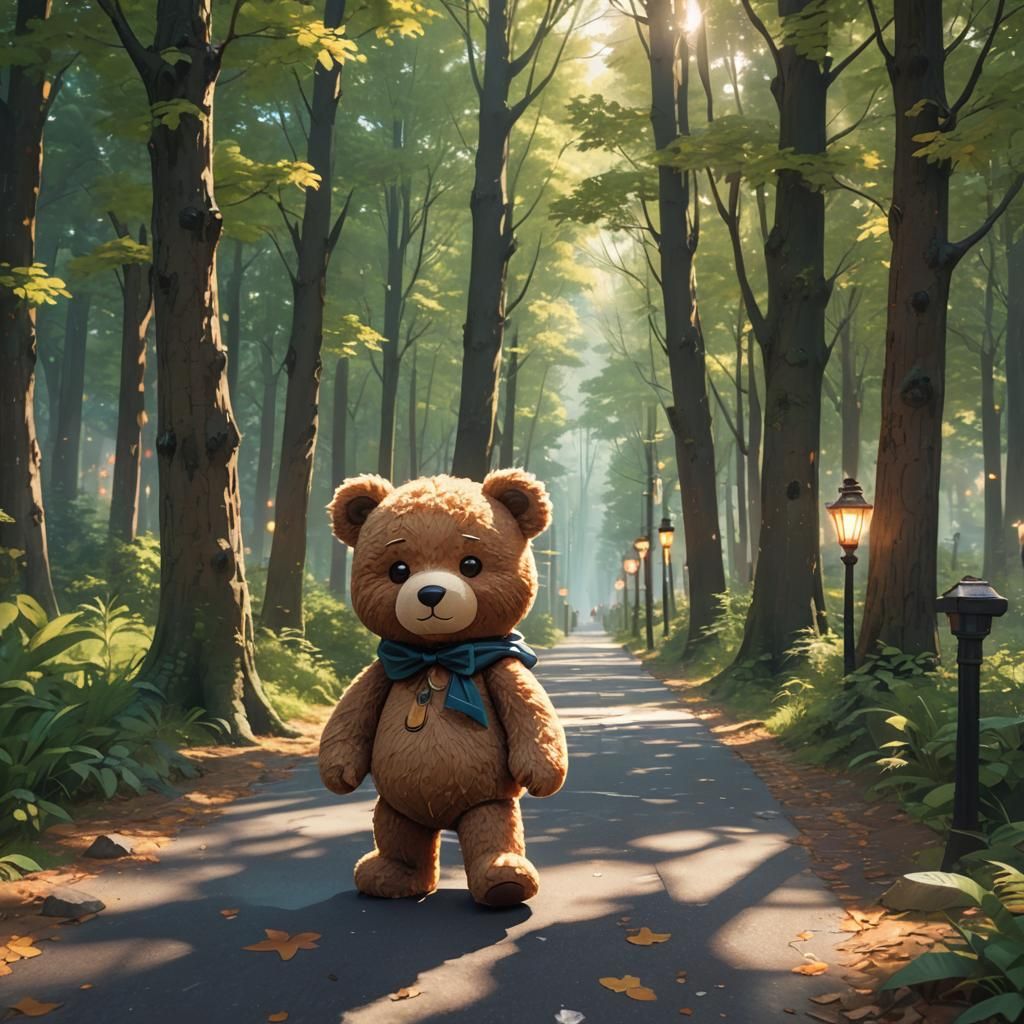 Teddy Bear Walks in Anime-Inspired Woodland Scene