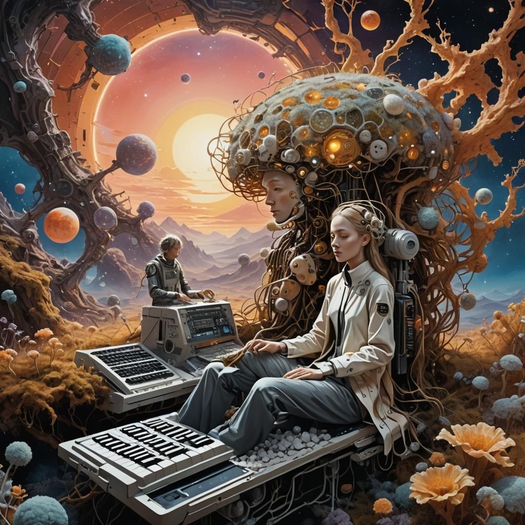 Surreal Celestial Poem with Robotic Keyboard