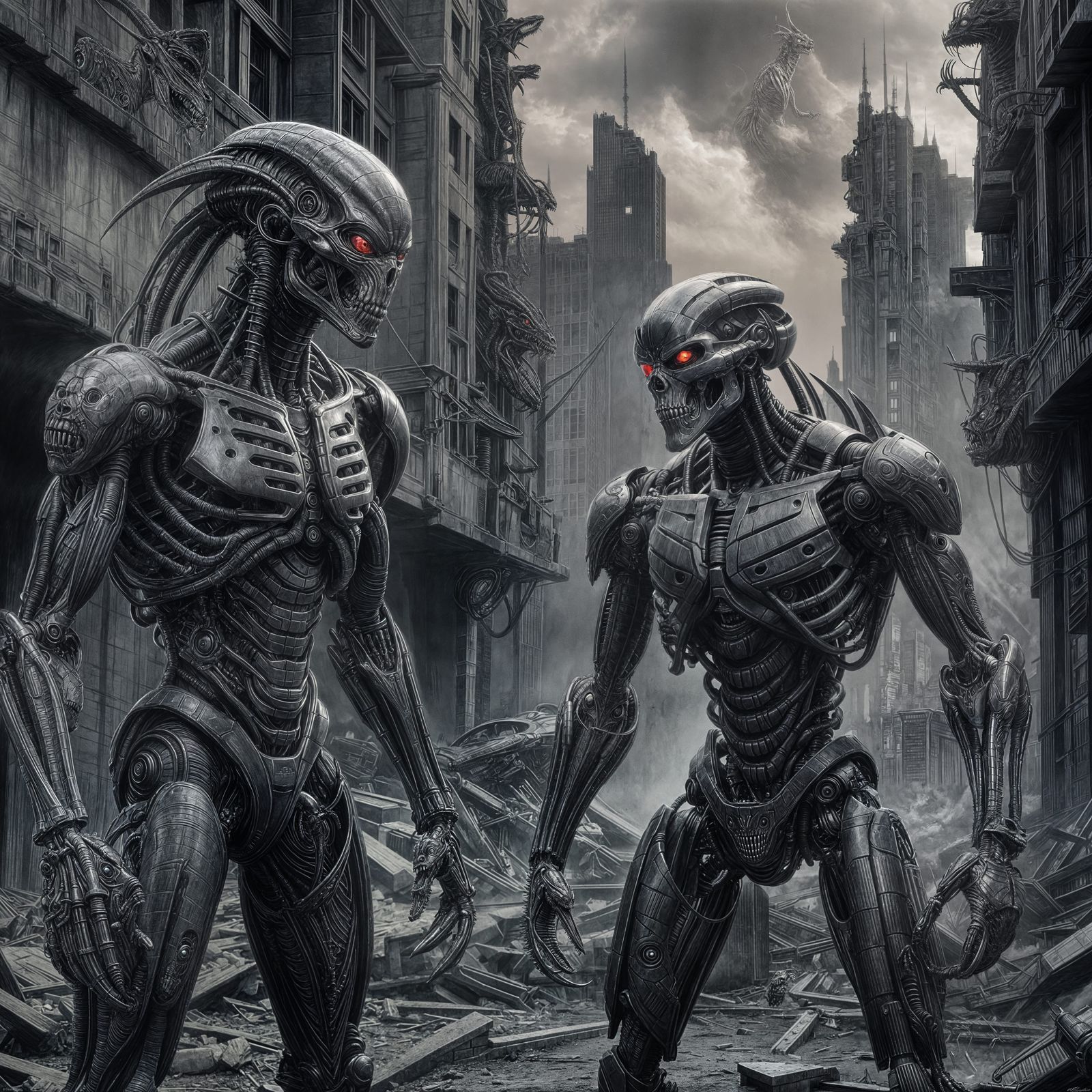 Hyperdetailed Charcoal Drawing of Predalien Terminator