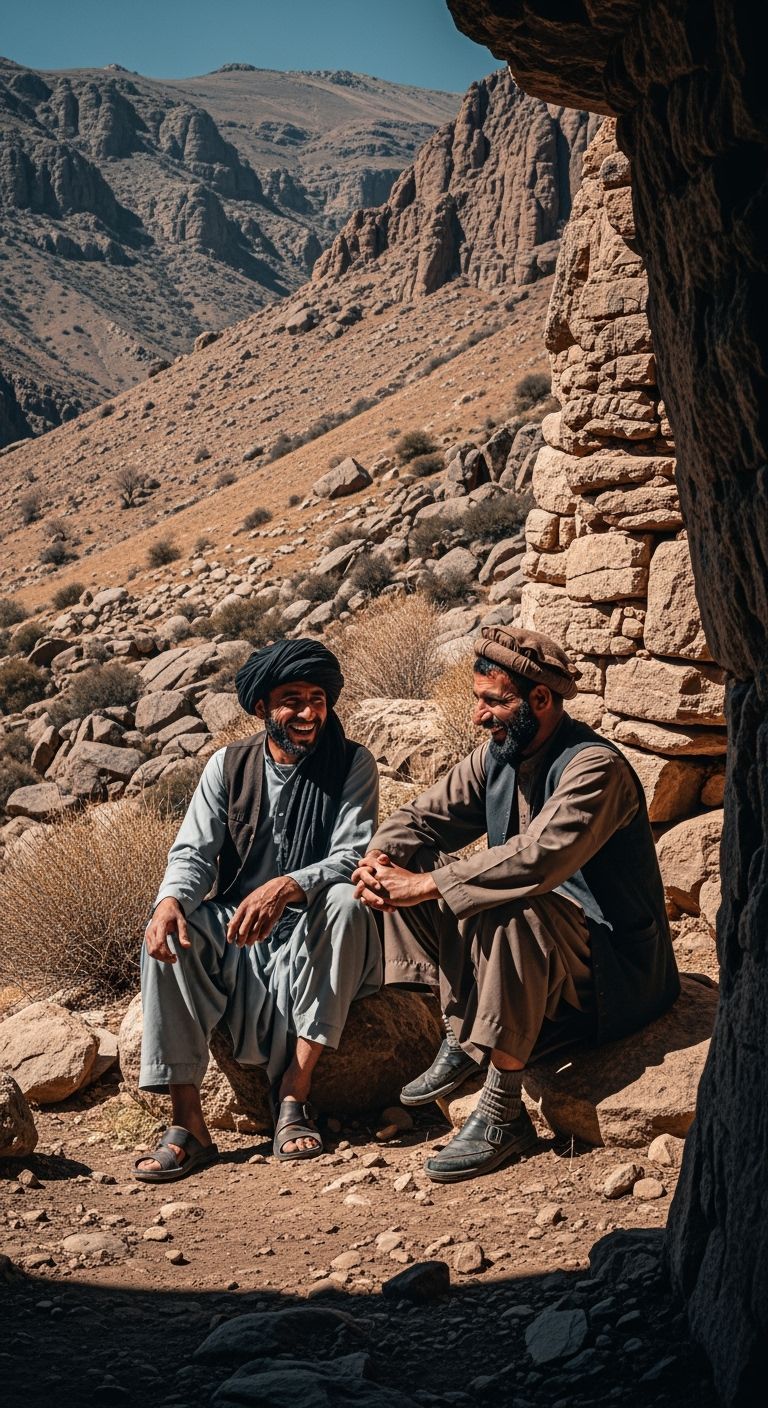 Afghan Men Relaxing Outside Cave: Cinematic Realism