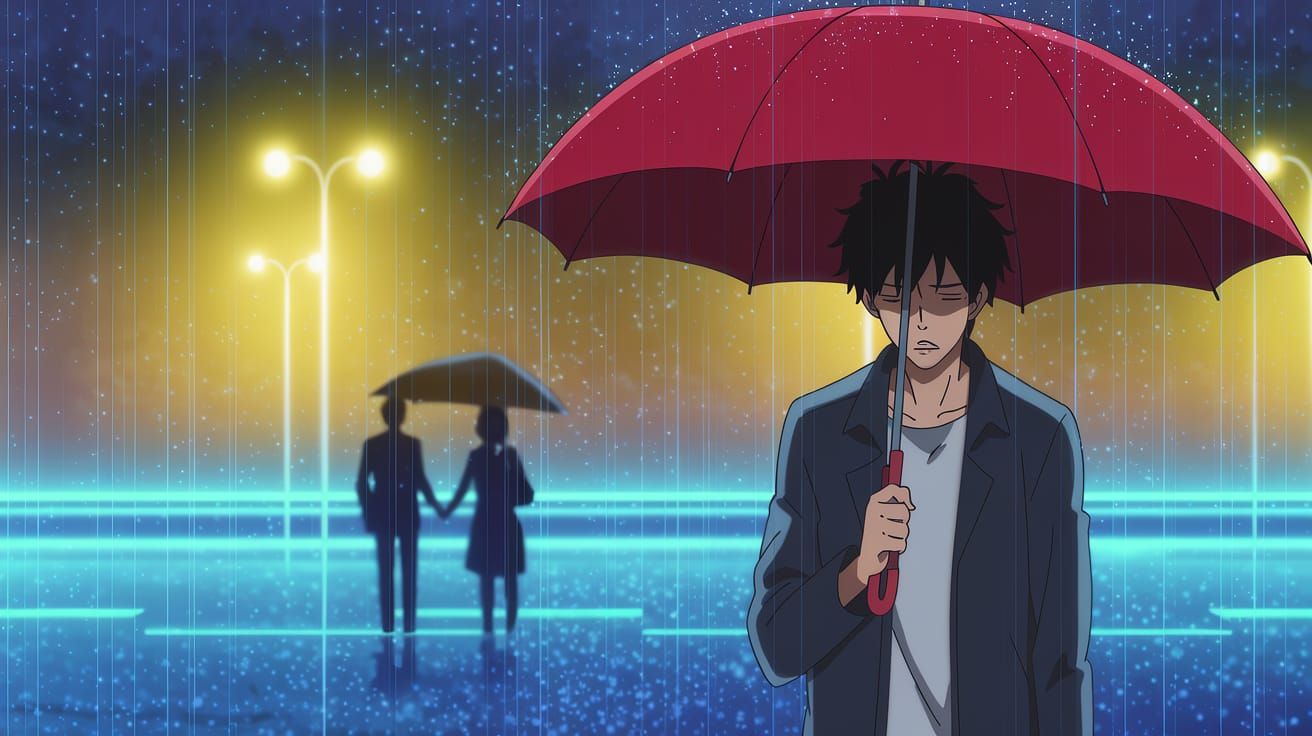 Heartbroken Young Man Under Red Umbrella in Rainy City