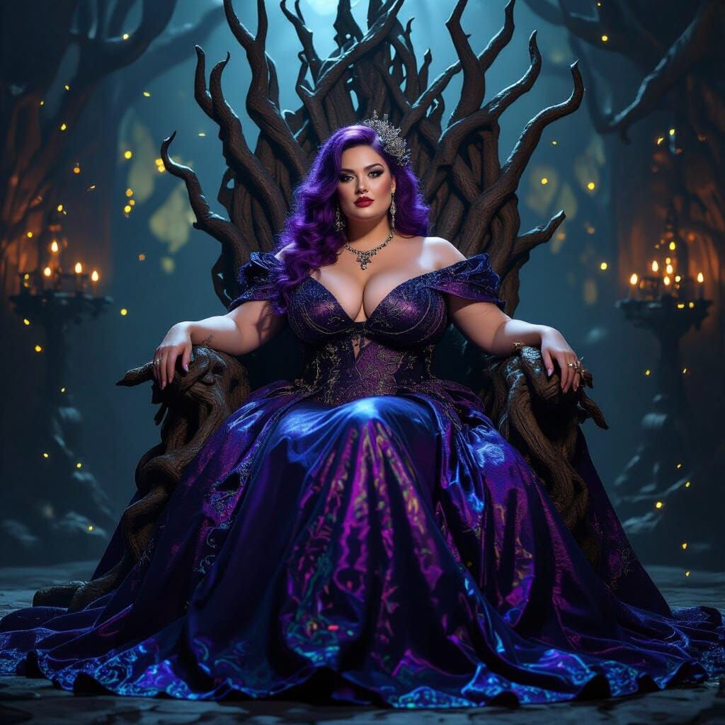 Purple-Haired Woman on Root Throne in Gothic Fashion