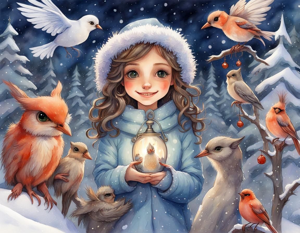 Watercolor Girl in Winter Scene with Fantasy Creatures