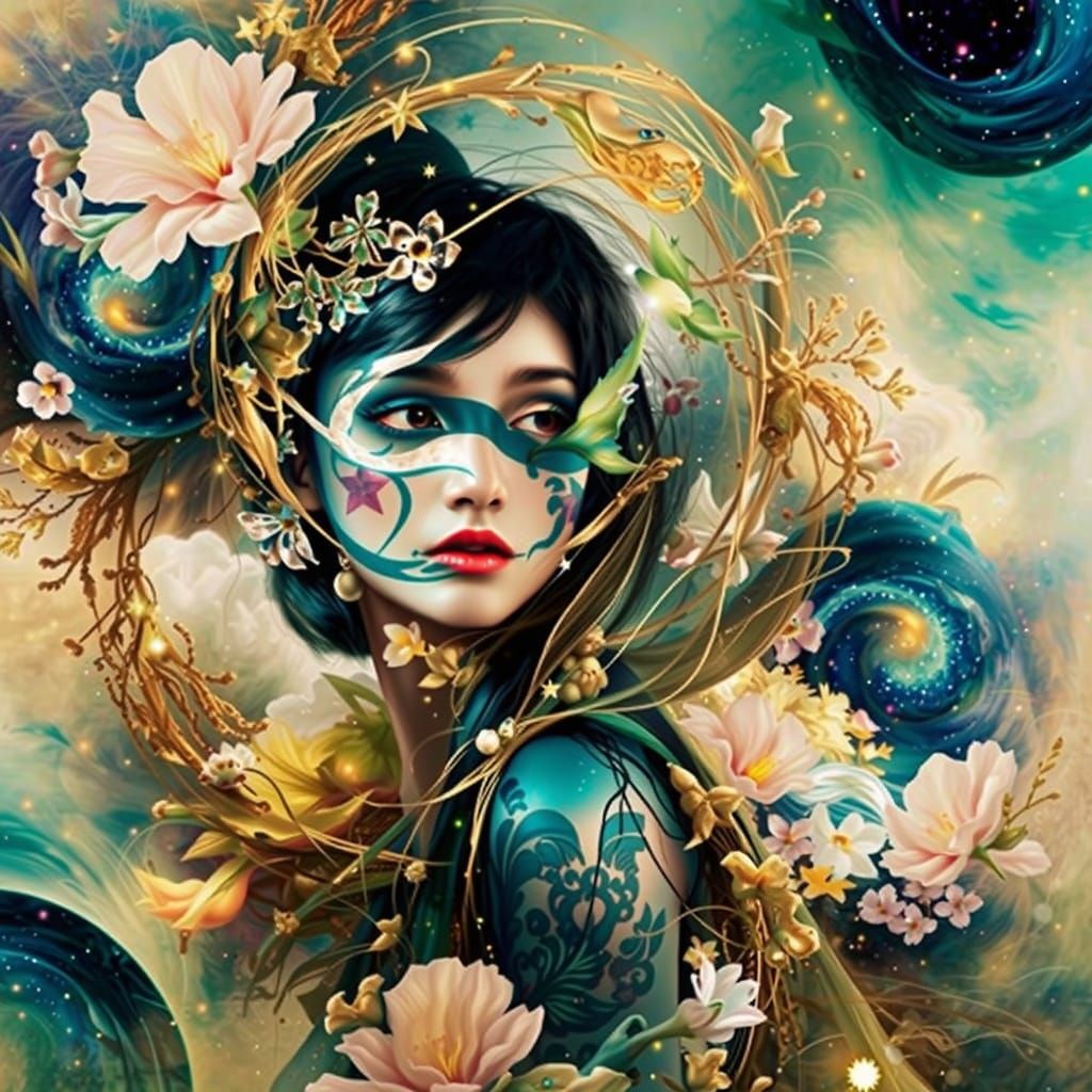 Surreal Goddess of Whispers in Iridescent Dreamscape