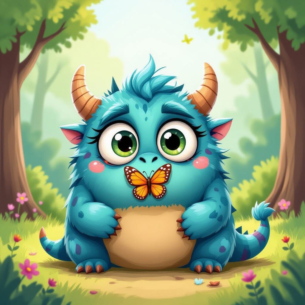 Cute Monster and Butterfly in Storybook Style