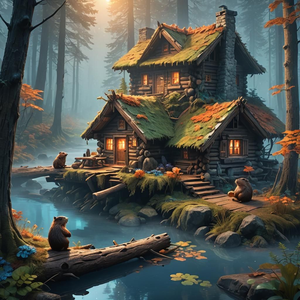 Beavers Build Cozy Cabin in Misty Forest
