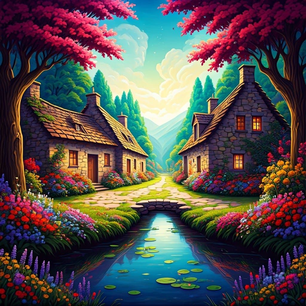Whimsical Village of Stone Cottages in Vibrant Gardens and A...