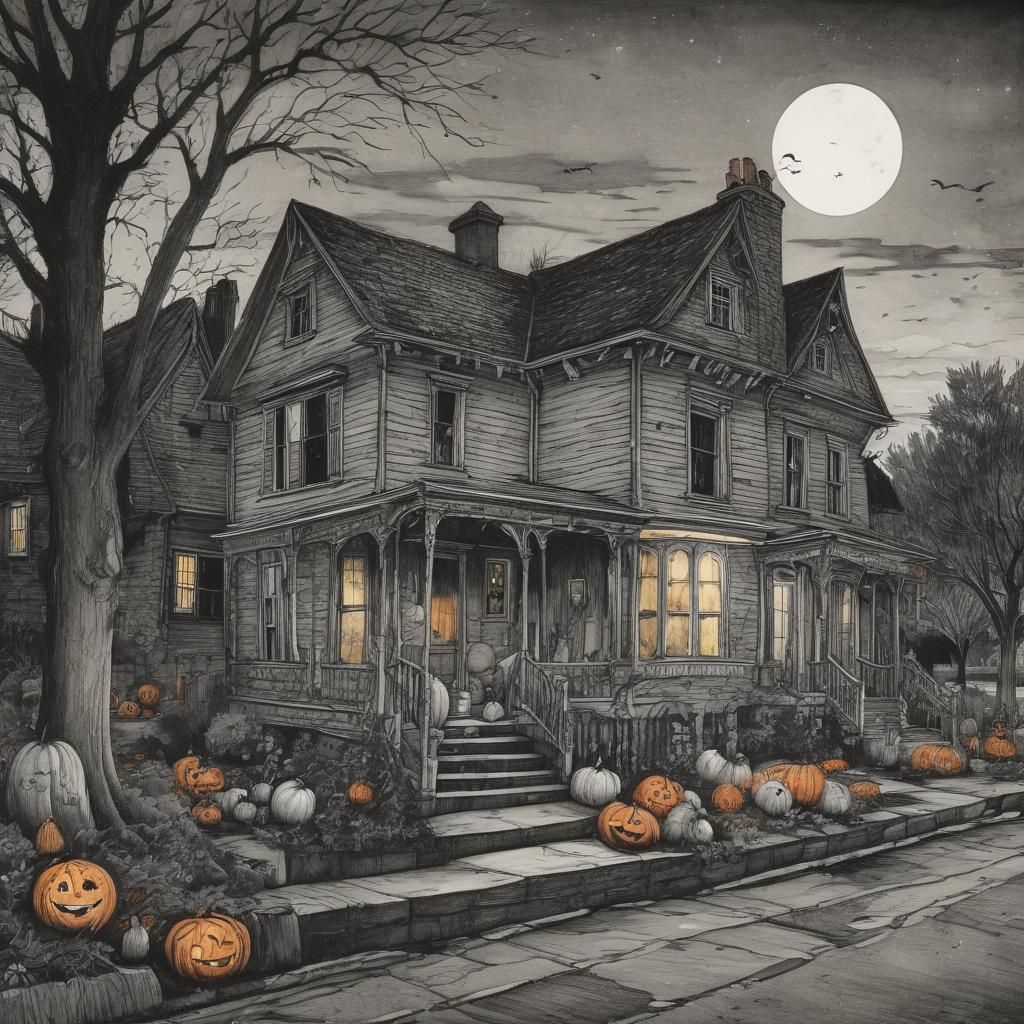 Ghosts and Pumpkins in Eerie Halloween Neighborhood