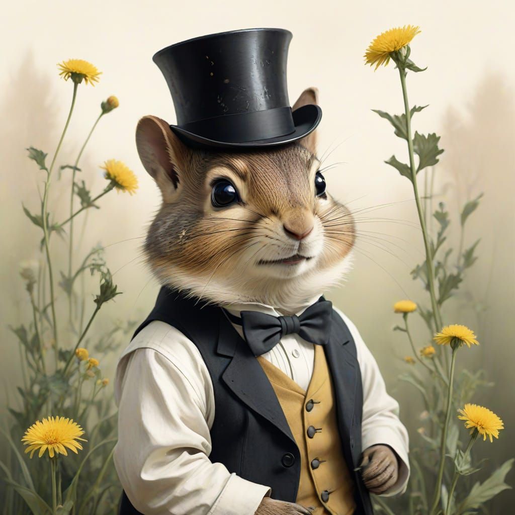 Whimsical Watercolor Chipmunk in Tuxedo Holds Dandelion