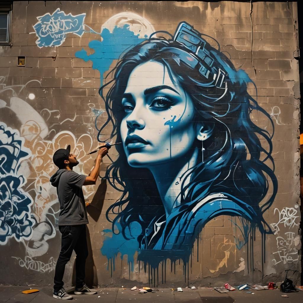 Graffiti Artist Creates Mural in City at Night