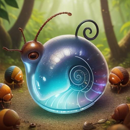 A snail. The snail's shell is transparent. The inside of the...