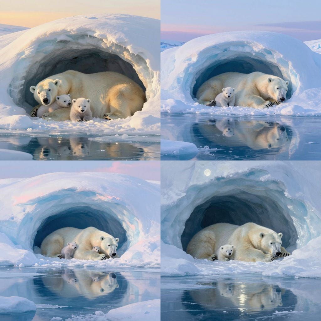 Polar Bear Family Hibernating in Snowy Cave