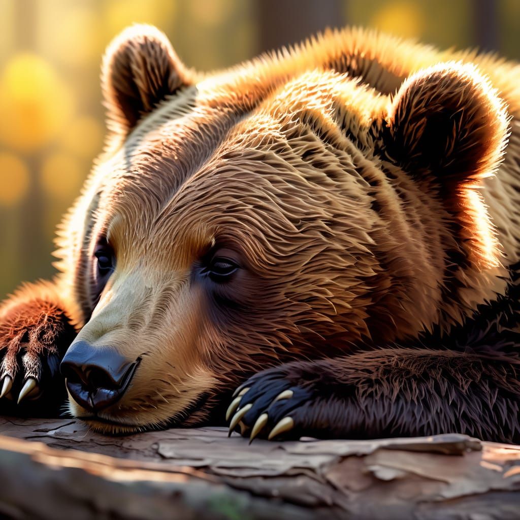 Cozy Brown Bear Cub in Golden Hour Forest