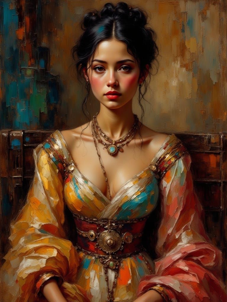 Serene Woman in Silk with Steel Pendant as Impasto Art