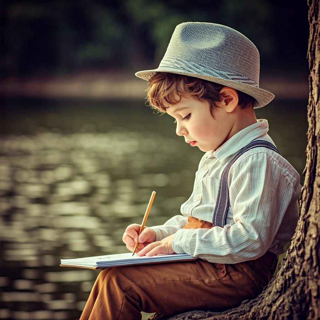 Young Haredi Boy Sketches by Lake in Golden Hour
