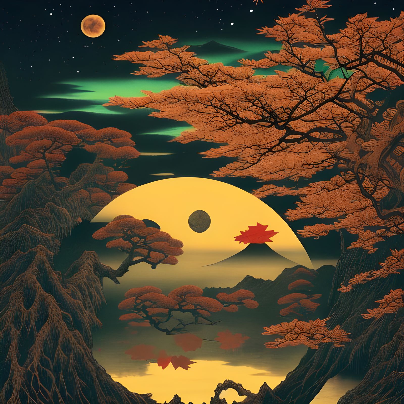Surreal Japanese Night Landscape: Whimsical and Impossible
