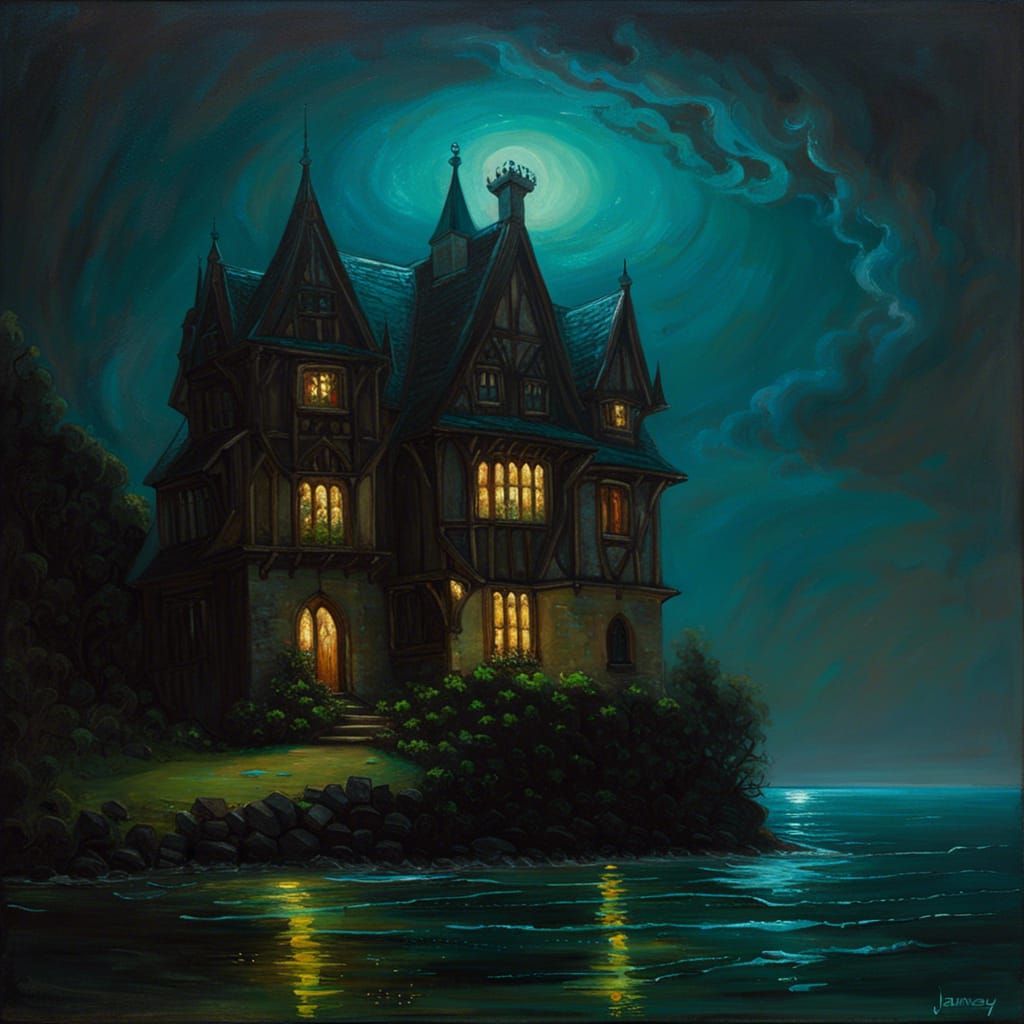 Eerie Gothic Manor by a Glowing Sea