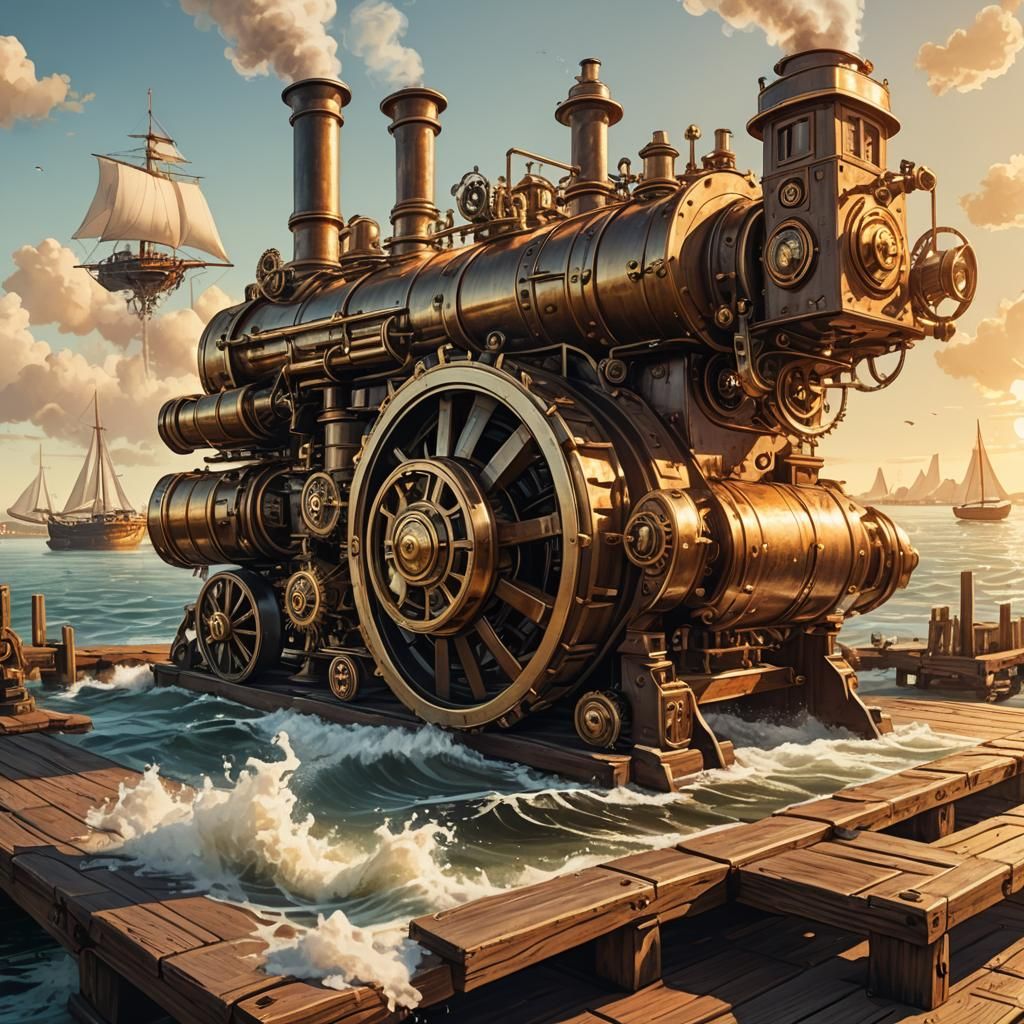 Steampunk Engine on Pier at Golden Hour