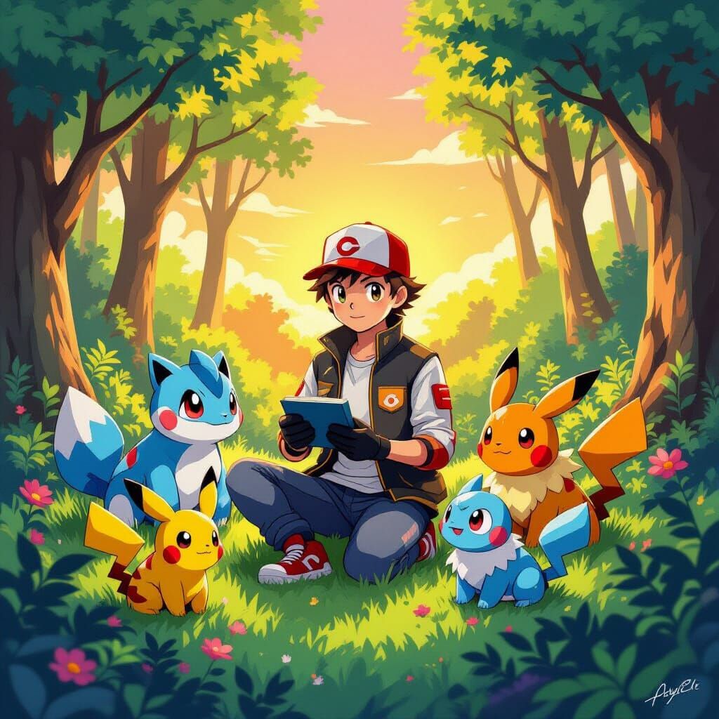 Pokemon Trainer in Forest with Sunset Glow